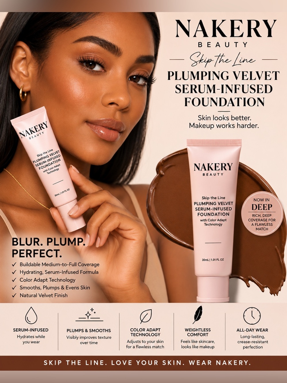 Nakery Beauty Plumping Velvet Serum-Infused Foundation - Deep